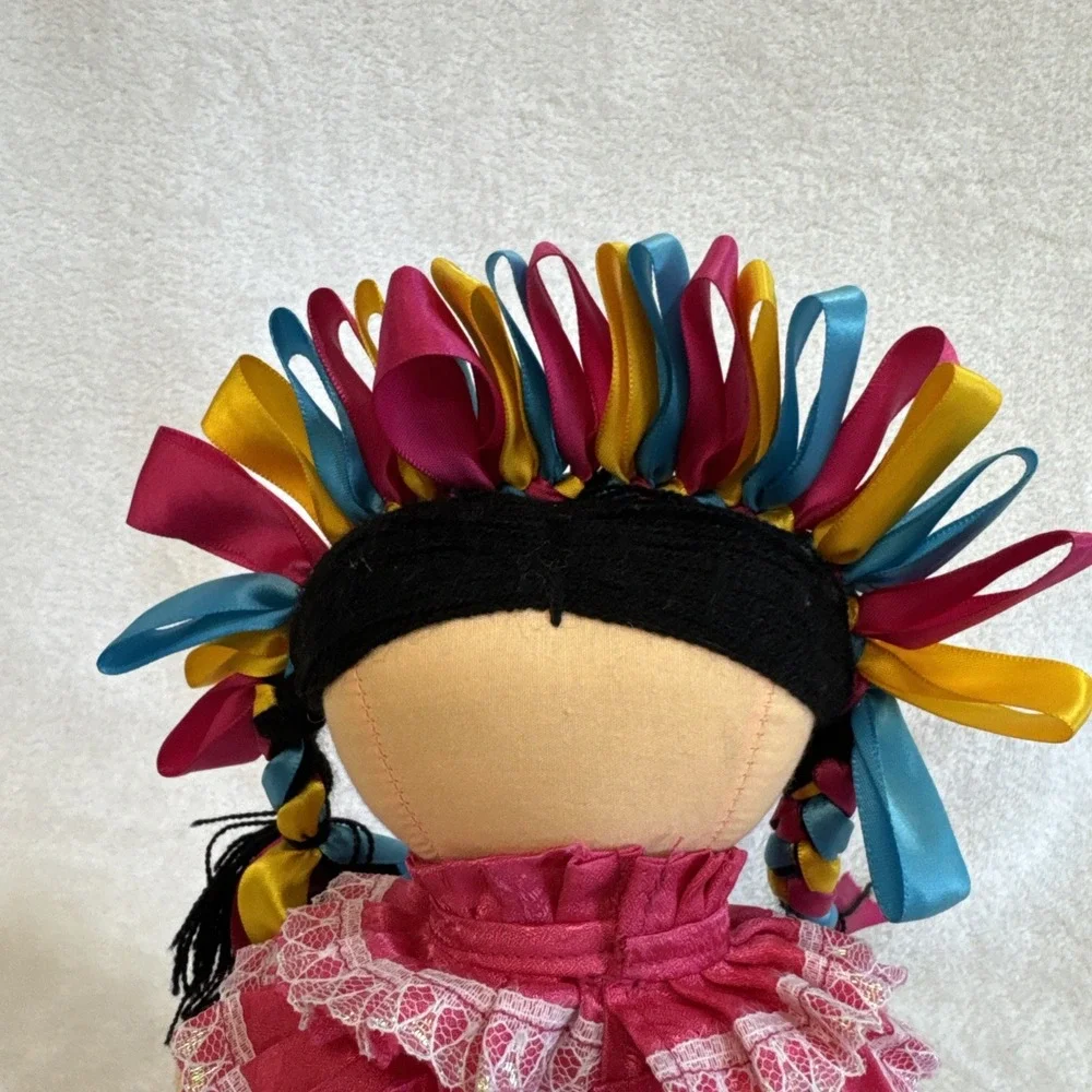 Handmade Folk Art Doll Mexican Inspired Textile Doll Colorful Ribbon‎ Hair Dress